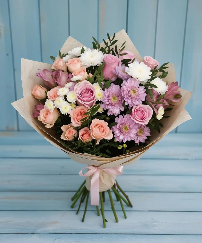 Букет цветов из: Хризантемы, Розы и Альстромерии в Новоегорьевском