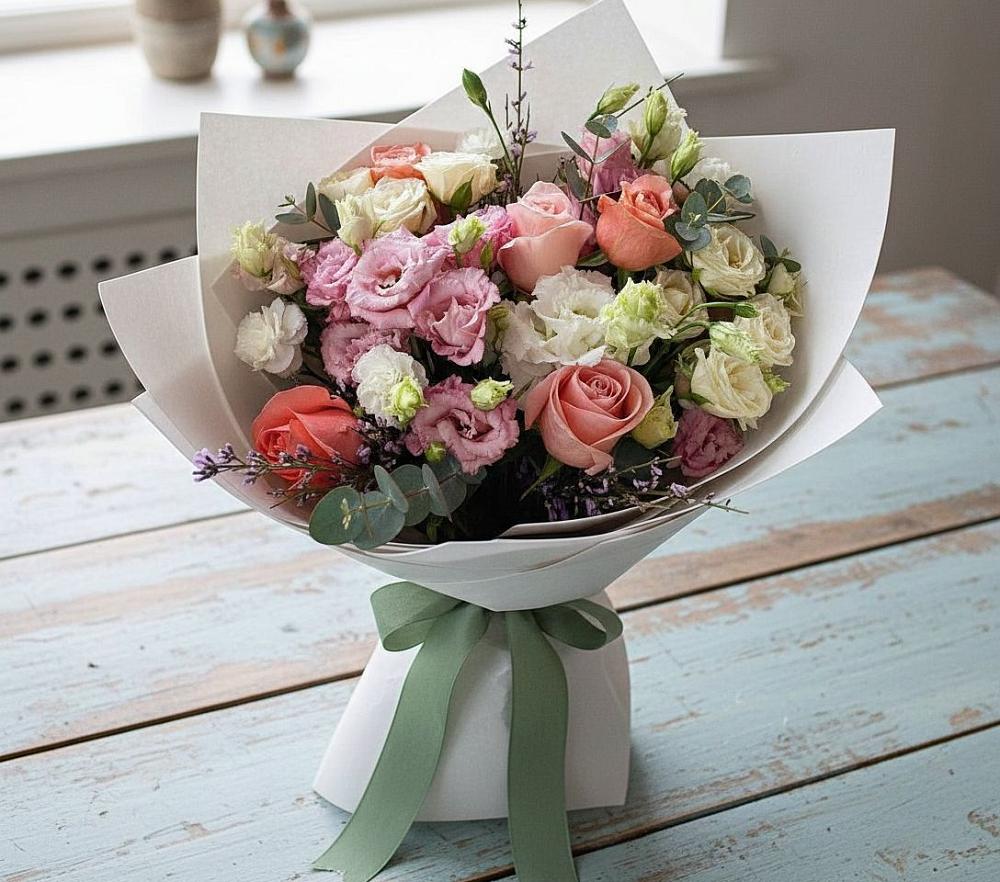 Букет цветов из: Розы, Лизиантусы и Гвоздики в Новоегорьевском