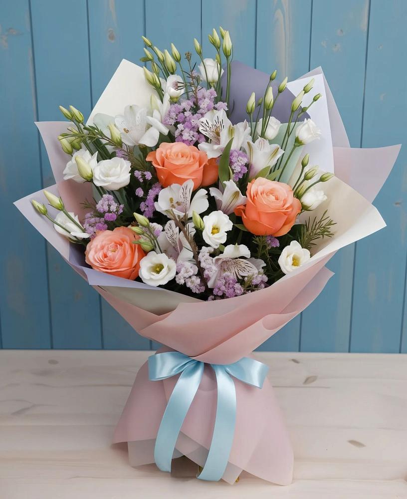 Букет цветов из: Лизиантусы, Розы, Альстромерии и Гипсофила в Новоегорьевском