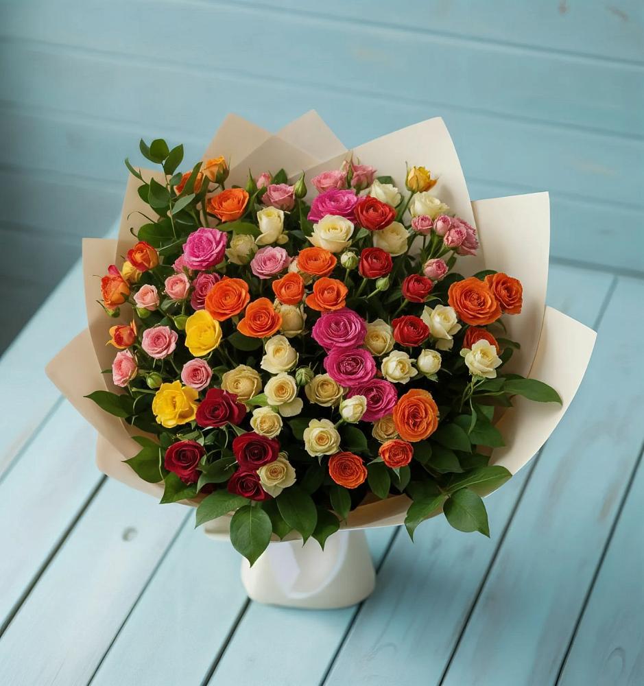 Букет Микс из разноцветных кустовых роз в Новоегорьевском