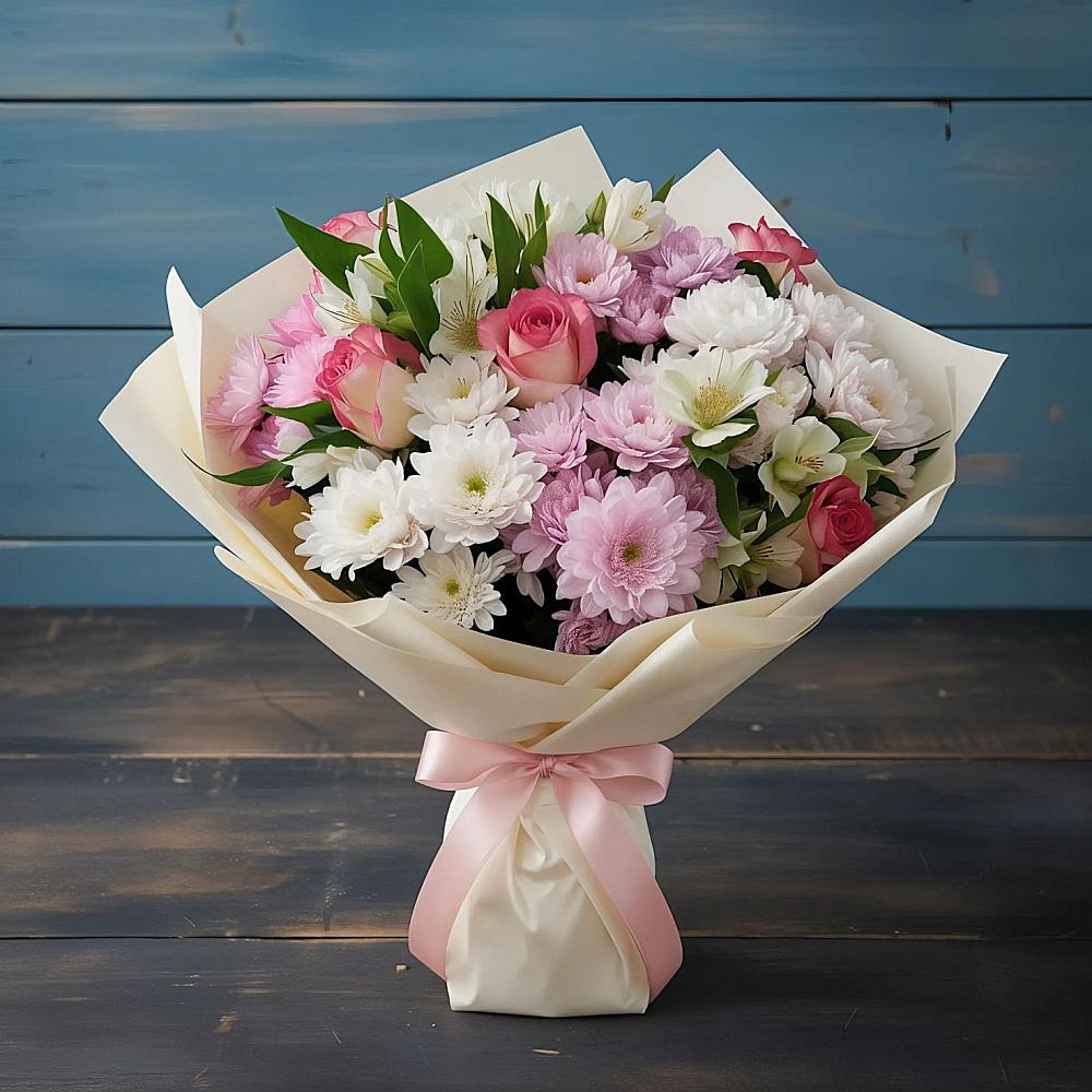 Букет цветов из: Хризантемы, Альстромерии и Розы в Новоегорьевском